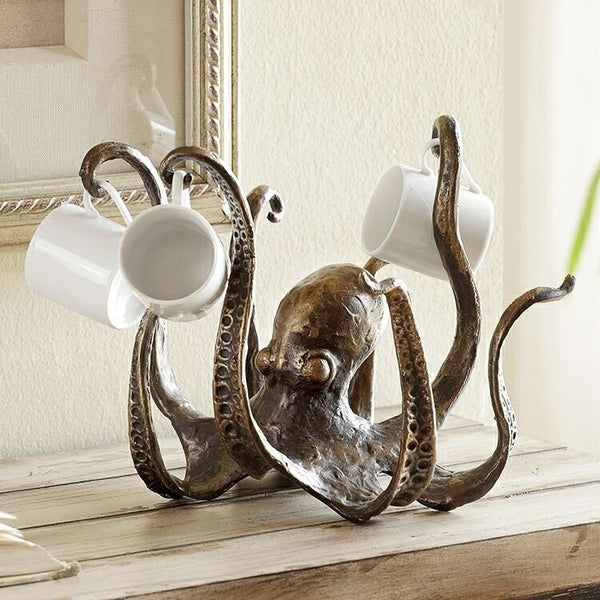 Silver Bronze Octopus Mug Holder Decorative Resin Statue & Countertop Cup Rack Figurines