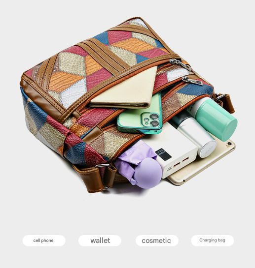 Colorful Geometric Patchwork Crossbody Bag Women's Multi Pocket Pu Leather Shoulder Purse Women's Bags & Handbags