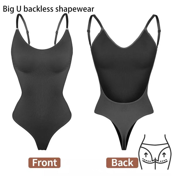 2 Pcs Size Xl Black Seamless Backless Bodysuit Deep U Plunge Tummy Control Thong Shaper Shapewear