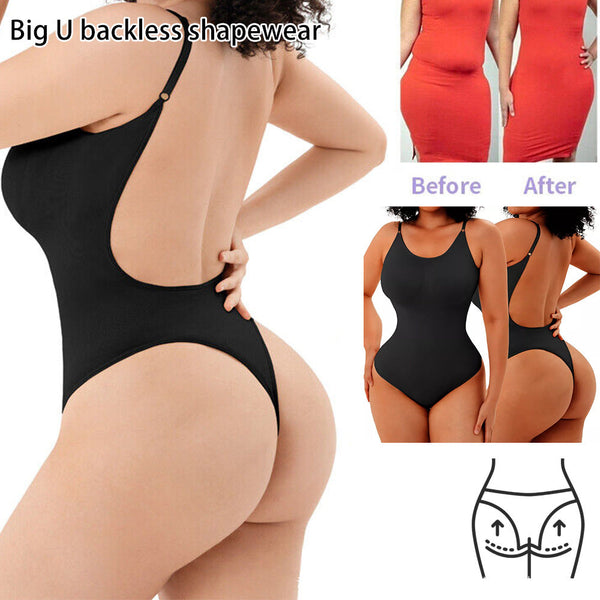 2 Pcs Size M Skin Color Seamless Backless Bodysuit Deep U Plunge Tummy Control Thong Shaper Shapewear