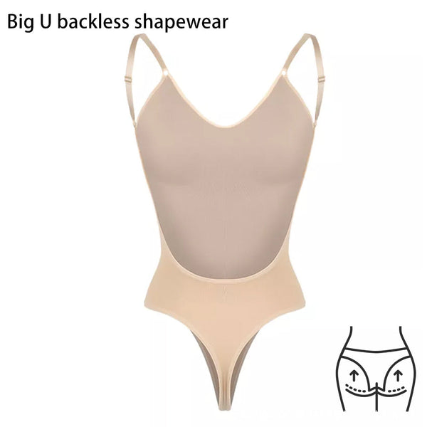 2 Pcs Size M Skin Color Seamless Backless Bodysuit Deep U Plunge Tummy Control Thong Shaper Shapewear