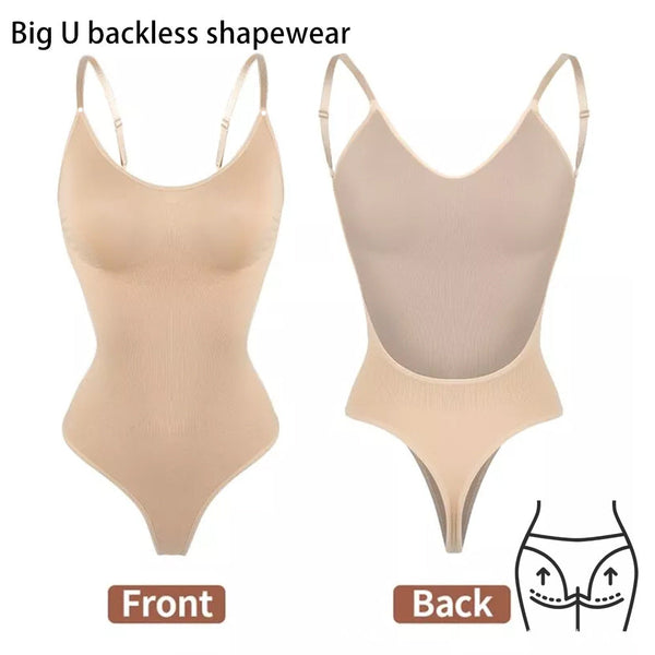 2 Pcs Size L Skin Color Seamless Backless Bodysuit Deep U Plunge Tummy Control Thong Shaper Shapewear