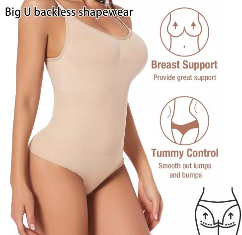 2 Pcs Size Xxl Skin Color Seamless Backless Bodysuit Deep U Plunge Tummy Control Thong Shaper Shapewear