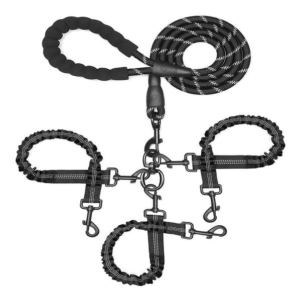 Black 3 In 1 Tangle Free Dog Leash For Dogs Heavy Duty Bungee Coupler With Reflective Stitching & Padded Handle Leads & Head Collars