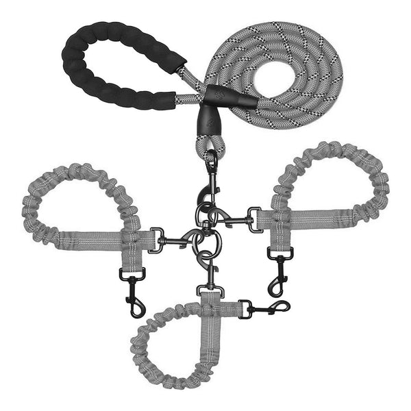 Grey 3 In 1 Tangle Free Dog Leash For 1 3 Dogs Heavy Duty Bungee Coupler With Reflective Stitching & Padded Handle Leads & Head Collars