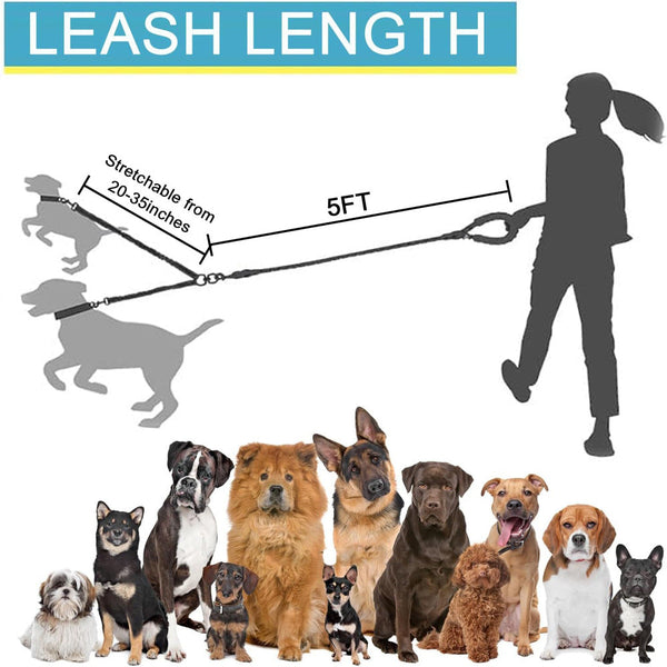 Grey 3 In 1 Tangle Free Dog Leash For 1 3 Dogs Heavy Duty Bungee Coupler With Reflective Stitching & Padded Handle Leads & Head Collars
