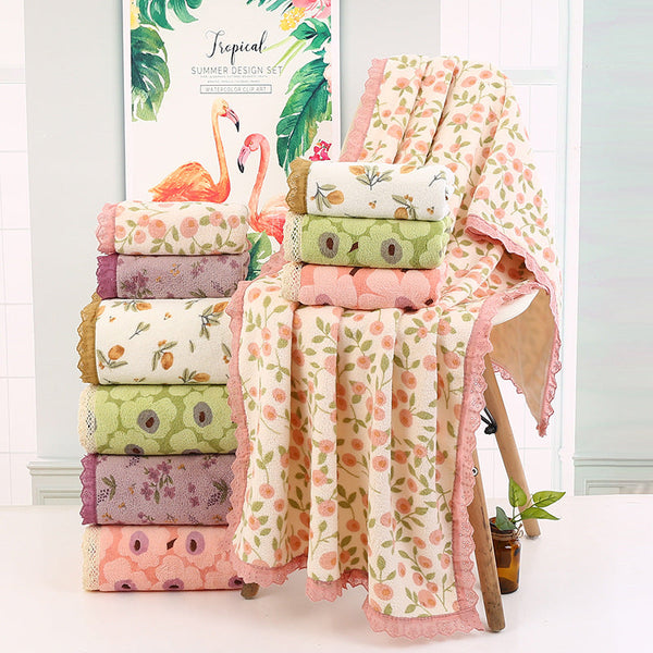 Beige Floral Lace Trim Towel Set Ultra Soft Absorbent Coral Fleece Bath & Face Towels & Washcloths