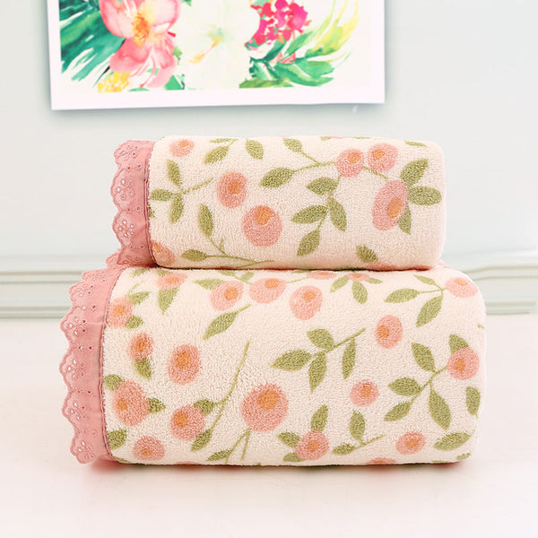 Pink Floral Lace Trim Towel Set Ultra Soft Absorbent Coral Fleece Bath & Face Towels & Washcloths