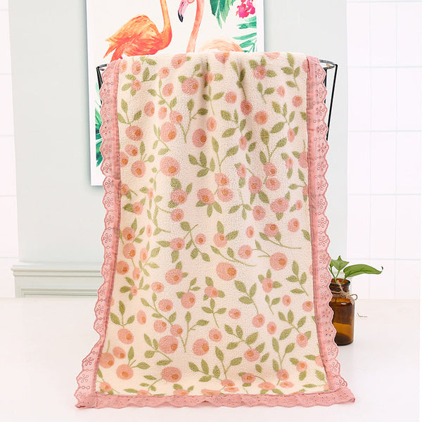 Pink Floral Lace Trim Towel Set Ultra Soft Absorbent Coral Fleece Bath & Face Towels & Washcloths