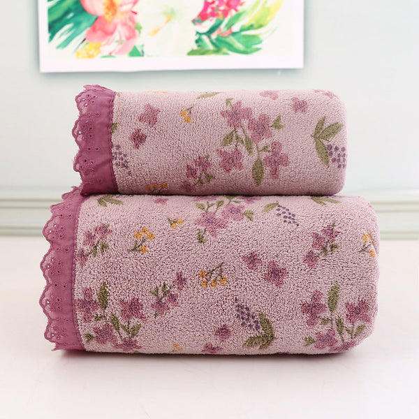 Purple Floral Lace Trim Towel Set Ultra Soft Absorbent Coral Fleece Bath & Face Towels & Washcloths
