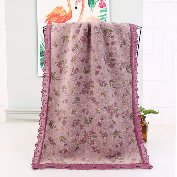 Purple Floral Lace Trim Towel Set Ultra Soft Absorbent Coral Fleece Bath & Face Towels & Washcloths