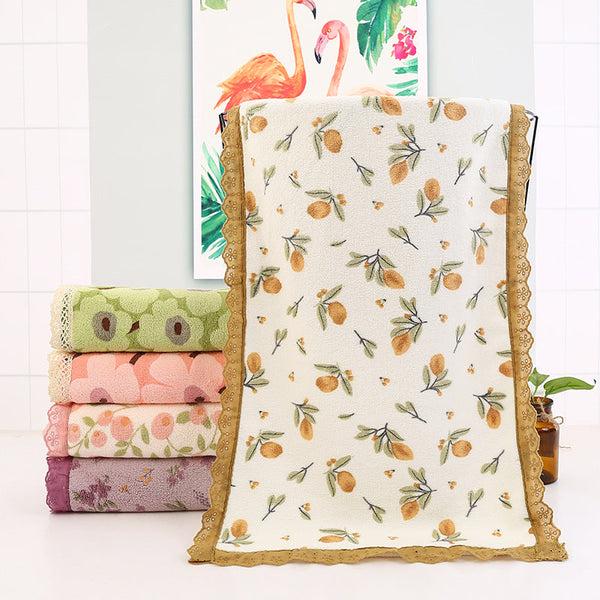 Purple Floral Lace Trim Towel Set Ultra Soft Absorbent Coral Fleece Bath & Face Towels & Washcloths