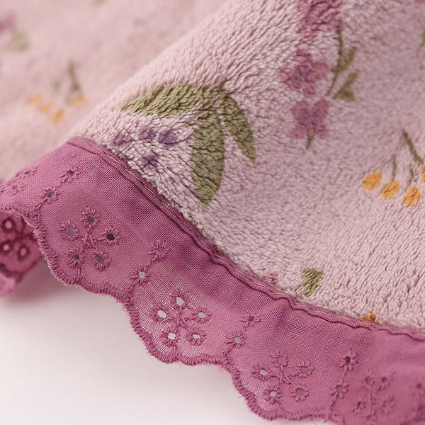 Purple Floral Lace Trim Towel Set Ultra Soft Absorbent Coral Fleece Bath & Face Towels & Washcloths