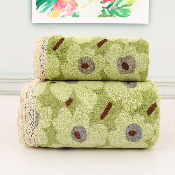 Green Floral Lace Trim Towel Set Ultra Soft Absorbent Coral Fleece Bath & Face Towels & Washcloths
