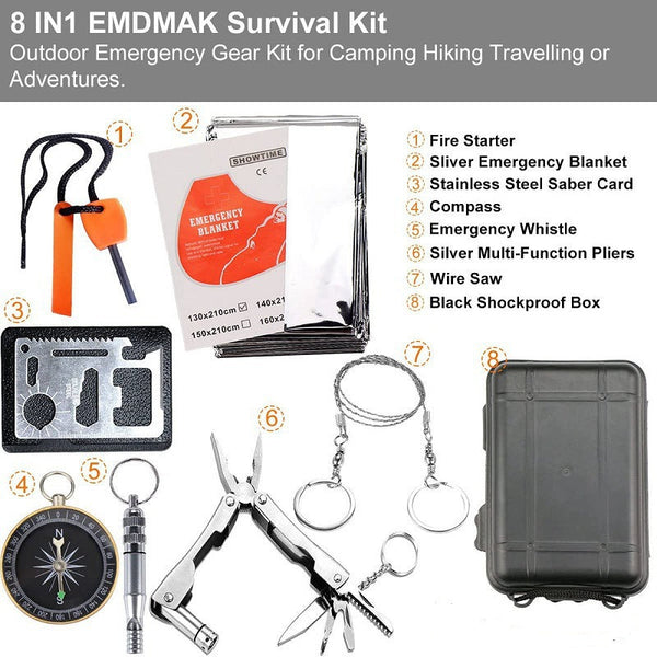 Black 8 In 1 Emergency Survival Kit Compact Outdoor Gear For Camping Hiking & Car Other Emergency Equipment