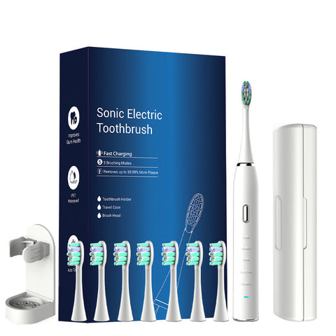 White Sonic Rechargeable Electric Toothbrush With 8 Heads & Travel Case 5 Brushing Modes Smart Timer(Usb) Electric Toothbrushes