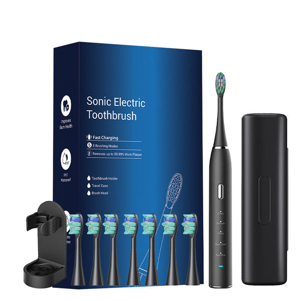 Black Sonic Rechargeable Electric Toothbrush With 8 Heads & Travel Case 5 Brushing Modes Smart Timer(Usb) Electric Toothbrushes