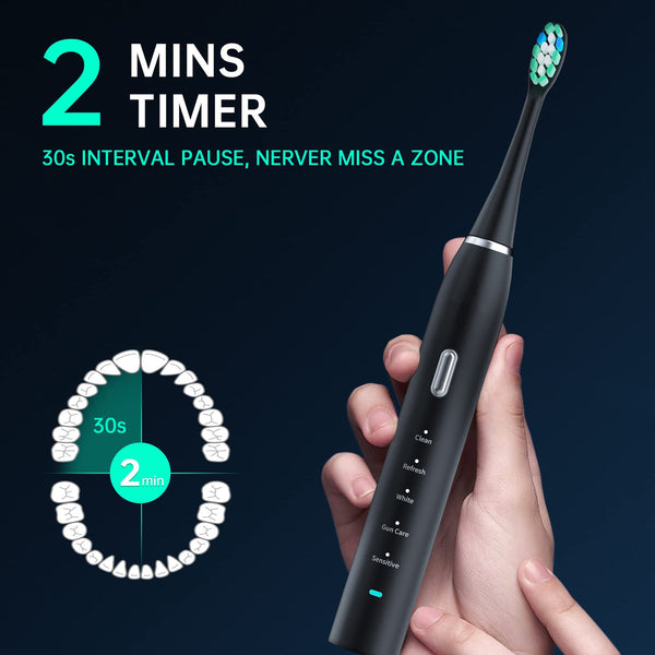 Black Sonic Rechargeable Electric Toothbrush With 8 Heads & Travel Case 5 Brushing Modes Smart Timer(Usb) Electric Toothbrushes