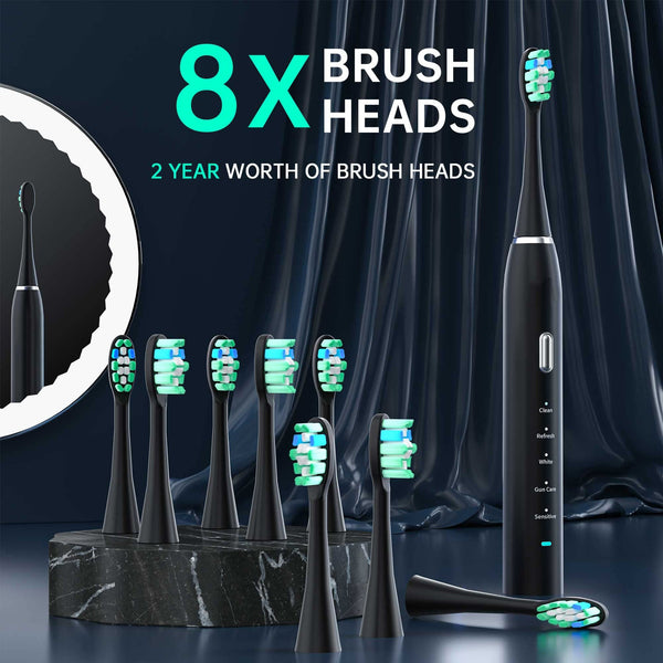 Black Sonic Rechargeable Electric Toothbrush With 8 Heads & Travel Case 5 Brushing Modes Smart Timer(Usb) Electric Toothbrushes