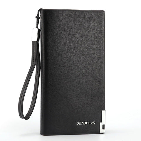 Black Men's Business Casual Long Wallet Clutch Pu Leather Large Capacity Phone & Card Holder With Wrist Strap Wallets