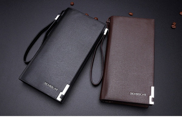 Black Men's Business Casual Long Wallet Clutch Pu Leather Large Capacity Phone & Card Holder With Wrist Strap Wallets