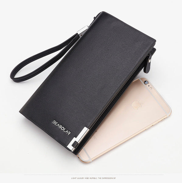 Black Men's Business Casual Long Wallet Clutch Pu Leather Large Capacity Phone & Card Holder With Wrist Strap Wallets