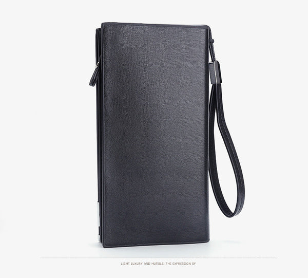 Black Men's Business Casual Long Wallet Clutch Pu Leather Large Capacity Phone & Card Holder With Wrist Strap Wallets