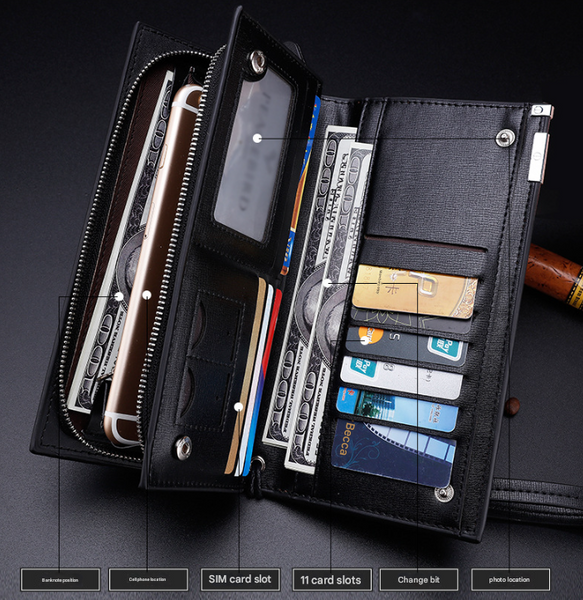 Black Men's Business Casual Long Wallet Clutch Pu Leather Large Capacity Phone & Card Holder With Wrist Strap Wallets