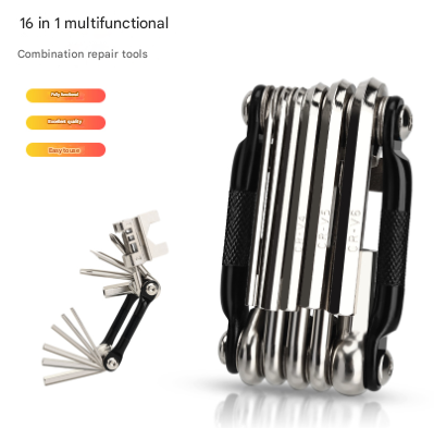 Black And Silver 16 In Bicycle Repair Multi Tool Compact Folding Bike Kit With Chain Breaker For Mtb Road Cycling Bike Tools