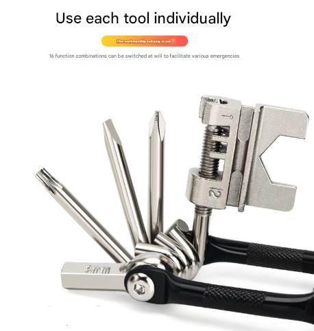 Black And Silver 16 In Bicycle Repair Multi Tool Compact Folding Bike Kit With Chain Breaker For Mtb Road Cycling Bike Tools