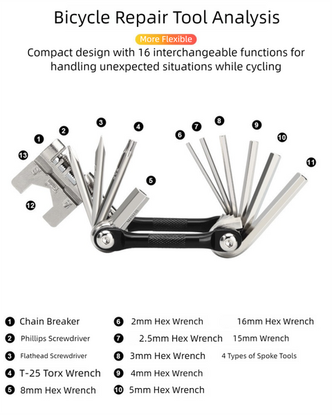 Black And Silver 16 In Bicycle Repair Multi Tool Compact Folding Bike Kit With Chain Breaker For Mtb Road Cycling Bike Tools