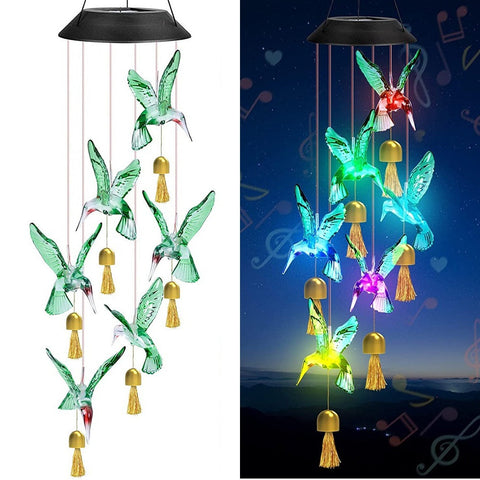Green Solar Powered Hummingbird Wind Chime(With Bell) Color Changing Led Hanging Garden Light Outdoor Decor Wind Chimes