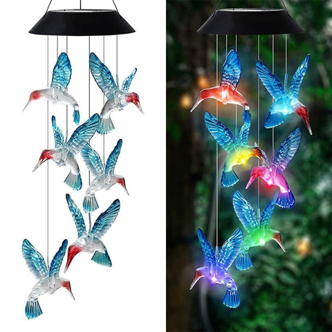 Blue Solar Powered Hummingbird Wind Chime(Without Bell) Color Changing Led Hanging Garden Light Outdoor Decor Wind Chimes