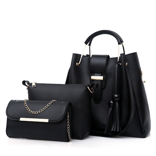 Black Chic 3 Piece Women's Handbag Set Pu Leather Tote Crossbody Bag & Clutch Purse Women's Bags & Handbags