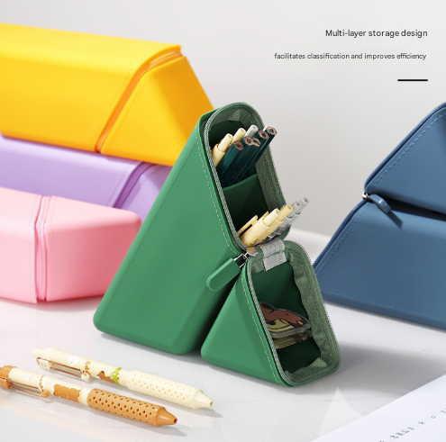 Green Transforming Silicone Pencil Case Stand Up Holder & Stationery Organizer Pencil Cases