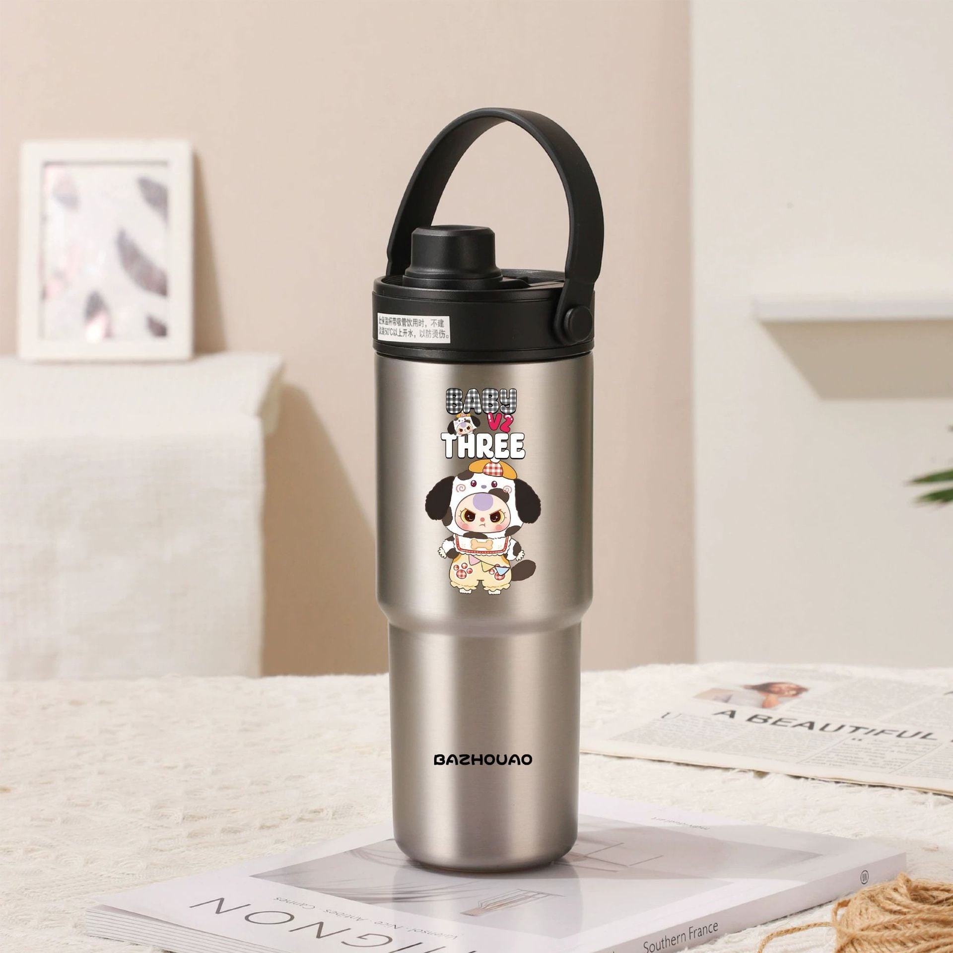 Silver 30Oz Ceramic Lined Insulated Tumbler With Handle 735Ml Stainless Steel Travel Mug Sippy Cups & Mugs