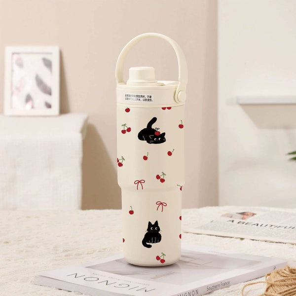 White Cherry Black Cat 30Oz Ceramic Lined Insulated Tumbler With Handle 735Ml Stainless Steel Travel Mug Vacuum Flasks & Mugs