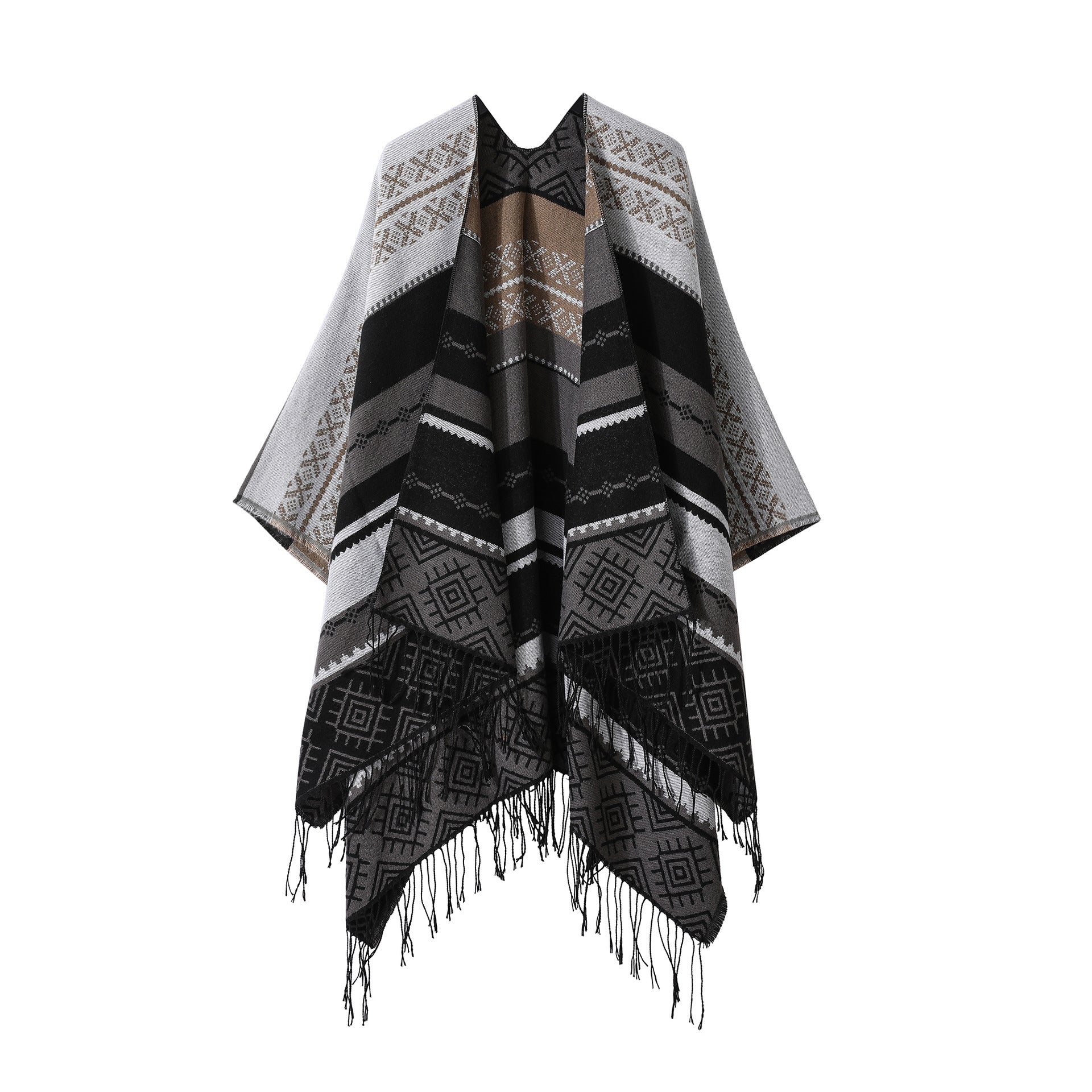 Black Grey Palindrome Fringe Bohemian Shawl Cloak 160 X 135 Cm Ethnic Inner Mongolia Style Double Sided Scarf Cape Scarves & Wraps