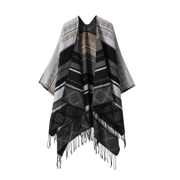 Black Grey Palindrome Fringe Bohemian Shawl Cloak 160 X 135 Cm Ethnic Inner Mongolia Style Double Sided Scarf Cape Scarves & Wraps