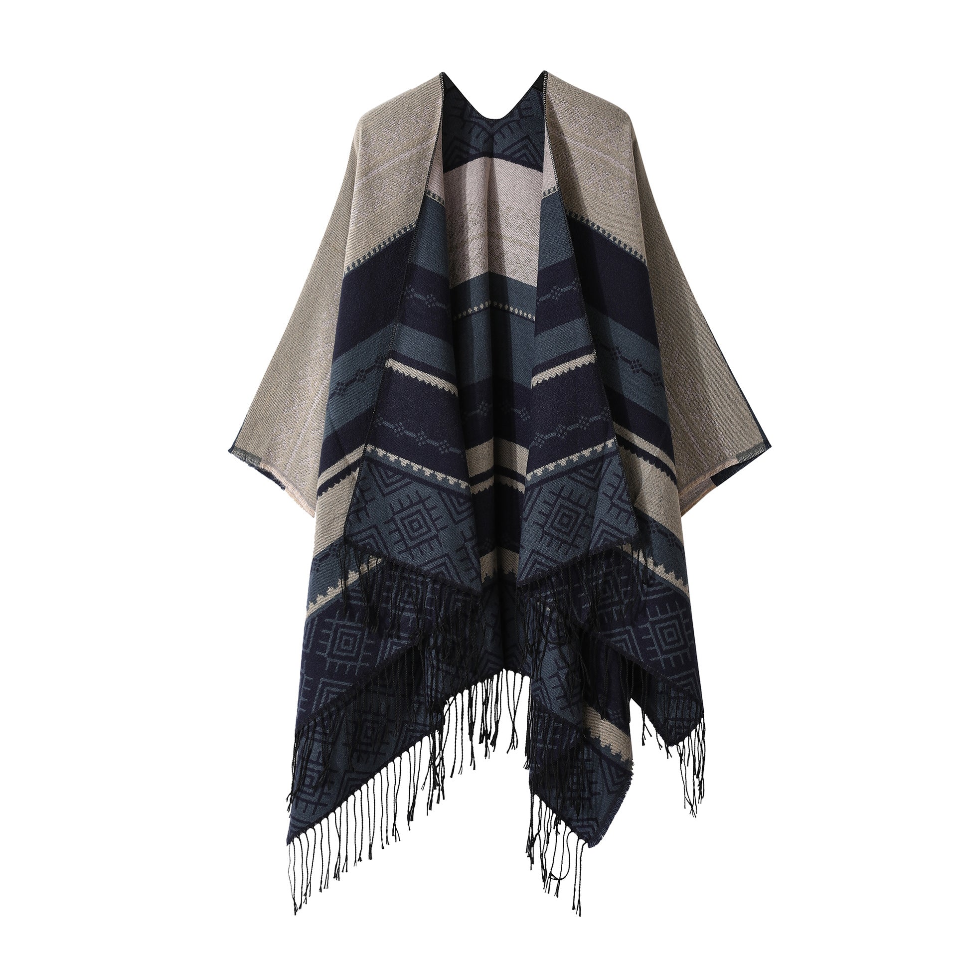 160 X 135Cm Navy Blue Palindrome Fringe Bohemian Shawl Cloak Ethnic Inner Mongolia Style Double Sided Scarf Cape Scarves & Wraps