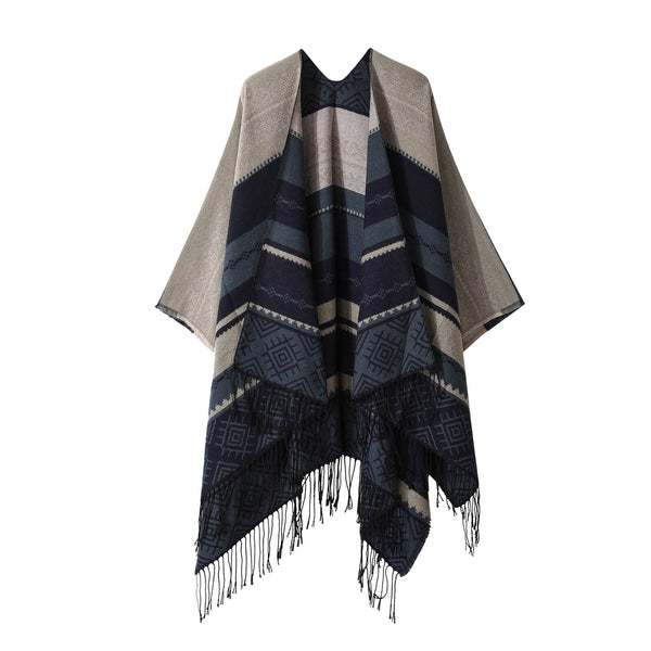 160 X 135Cm Navy Blue Palindrome Fringe Bohemian Shawl Cloak Ethnic Inner Mongolia Style Double Sided Scarf Cape Scarves & Wraps