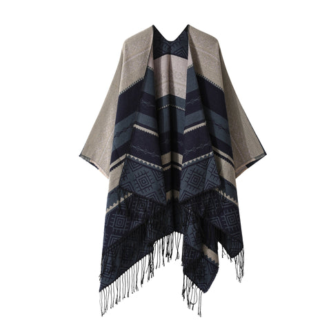 160 X 135Cm Navy Blue Palindrome Fringe Bohemian Shawl Cloak Ethnic Inner Mongolia Style Double Sided Scarf Cape Scarves & Wraps