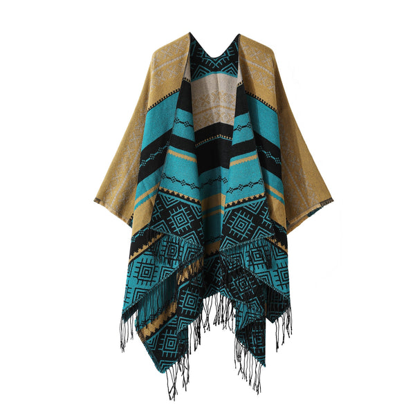 Blue Light Tan Palindrome Fringe Bohemian Shawl Cloak 160 X 135 Cm Ethnic Inner Mongolia Style Double Sided Scarf Cape Scarves & Wraps