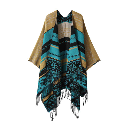 Blue Light Tan Palindrome Fringe Bohemian Shawl Cloak 160 X 135 Cm Ethnic Inner Mongolia Style Double Sided Scarf Cape Scarves & Wraps