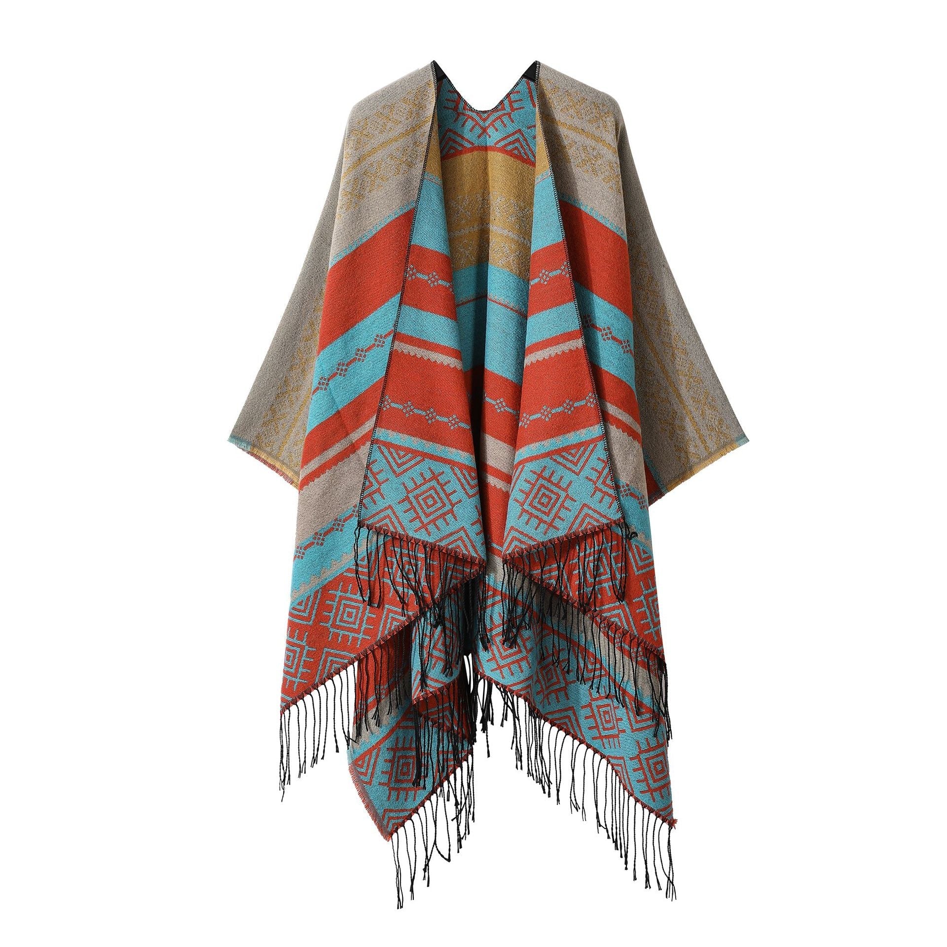 Blue Orange Palindrome Fringe Bohemian Shawl Cloak 160 X 135 Cm Ethnic Inner Mongolia Style Double Sided Scarf Cape Scarves & Wraps