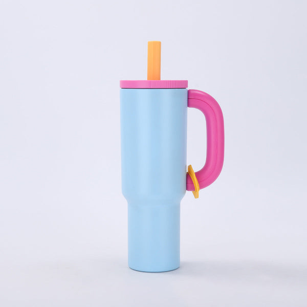 Blue 40Oz Macron Stainless Steel Insulated Tumbler With Handle And Straw 14.8 X 10.5 28 Cm Large Capacity Car Friendly Travel Mug Vacuum Flasks & Mugs