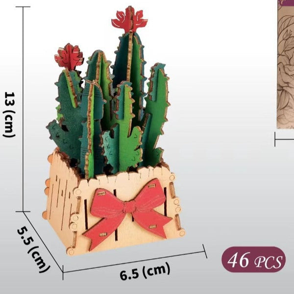 46 Piece Thousand Flowers Diy 3D Wooden Cactus Puzzle With Red Puzzles