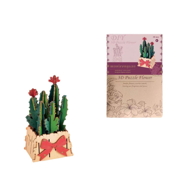 46 Piece Thousand Flowers Diy 3D Wooden Cactus Puzzle With Red Puzzles