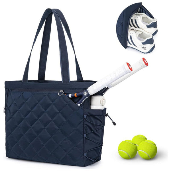 Navy Blue Large Quilted Tennis Tote Bag With Shoe Compartment Waterproof Lightweight For Men And Women Bags