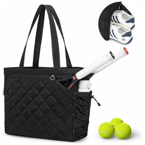 Black Large Quilted Tennis Tote Bag With Shoe Compartment Waterproof Lightweight For Men And Women Women's Bags & Handbags